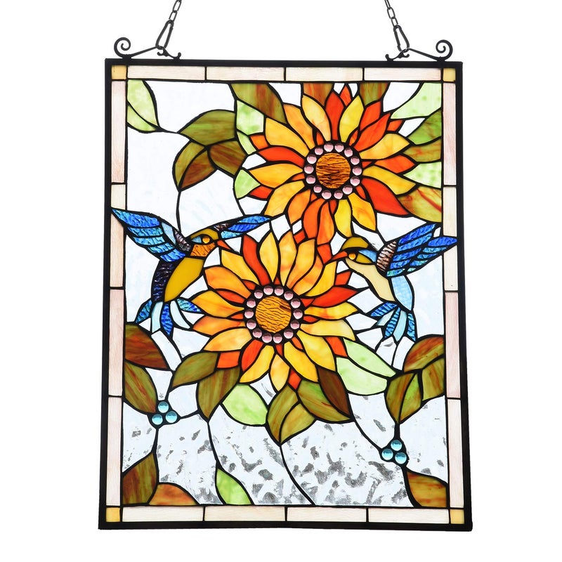 Capulina Sunflower and Birds Stained Glass Panels Window Hangings Tiffany Style Glass Traditional Art Handicrafts for Home Window Decor Gifts - Image 1
